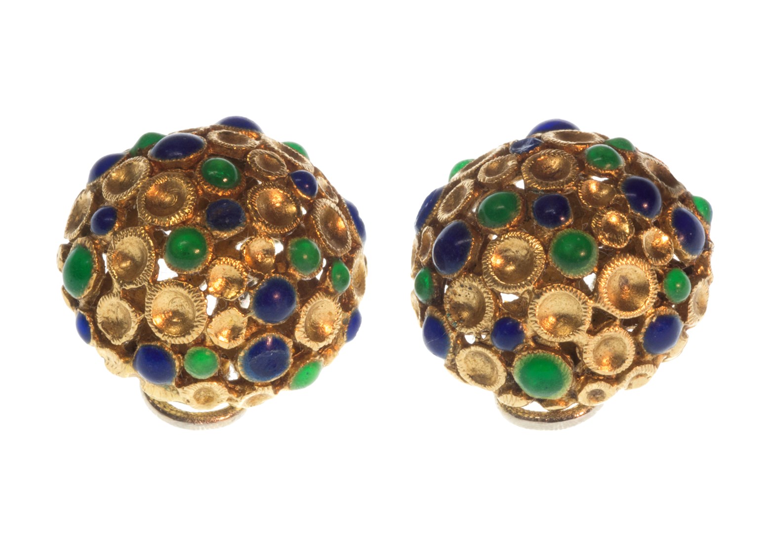 Appraisal: A pair of gold green and blue enamelled earclips each