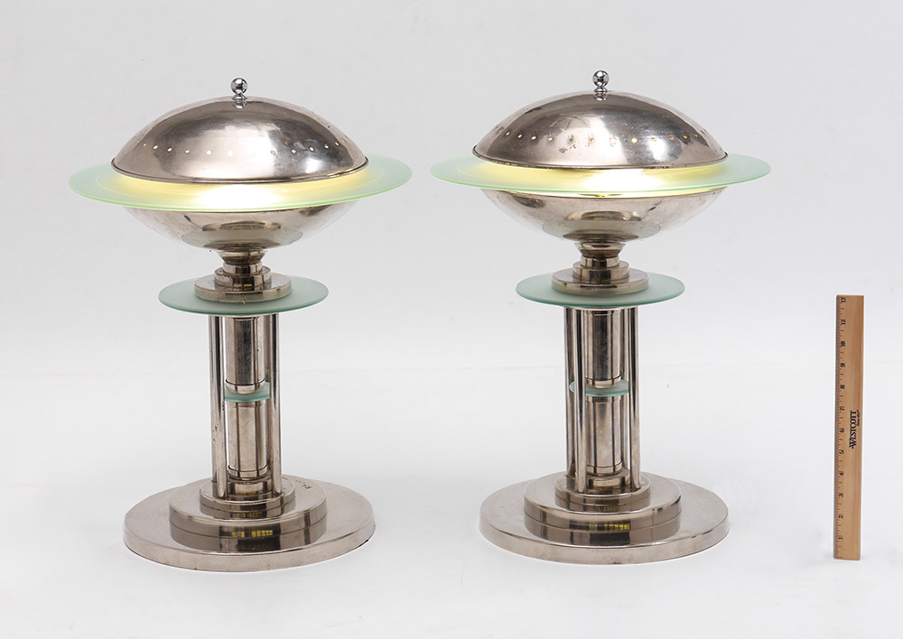 Appraisal: PAIR ATOMIC CHROME UFO SPACESHIP LAMPS Chrome and frosted glass