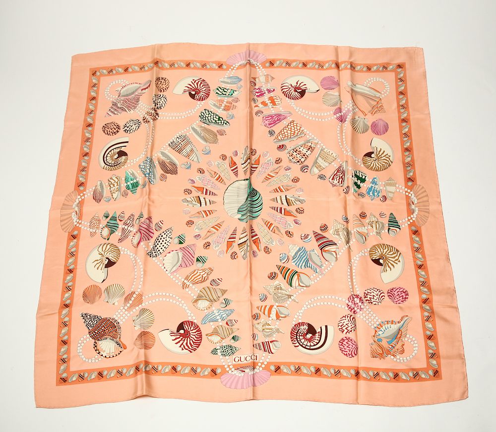 Appraisal: Gucci Seashell Pearl Silk Scarf Gucci silk scarf with shell