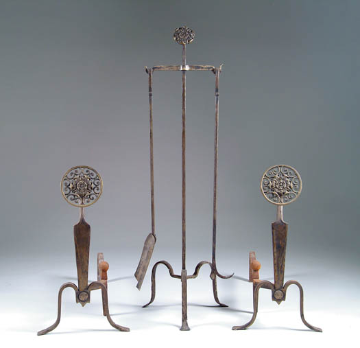 Appraisal: FIREPLACE SET Pair of decorative brass andirons with goose necks