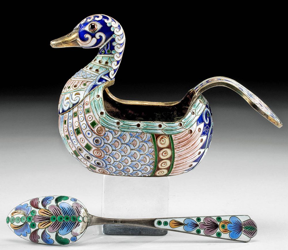 Appraisal: th C Russian Silver Cloisonne Duck Kovsh and Spoon Eastern