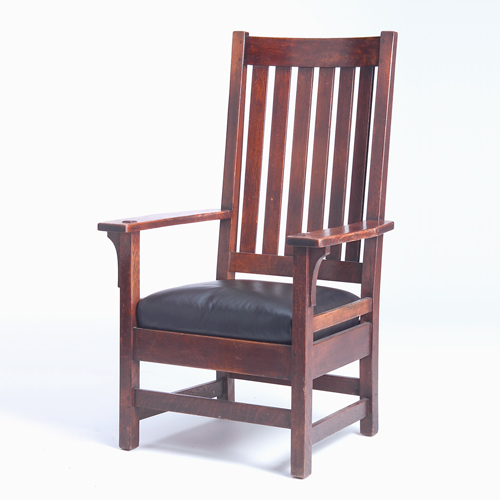 Appraisal: L J G STICKLEY Tall-back armchair with six vertical backslats