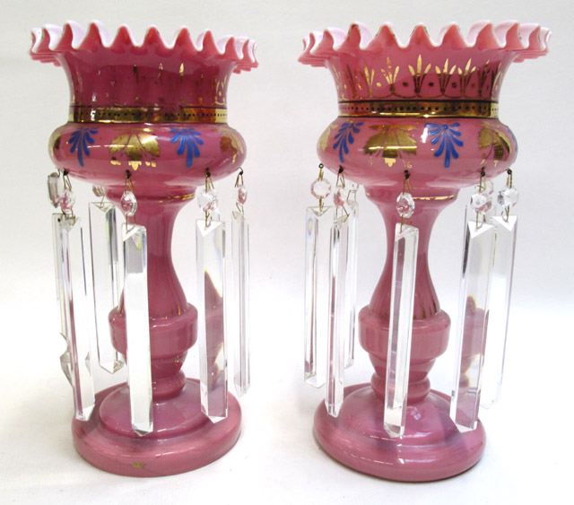 Appraisal: PAIR PINK GLASS VICTORIAN LUSTRES hand painted with blue and