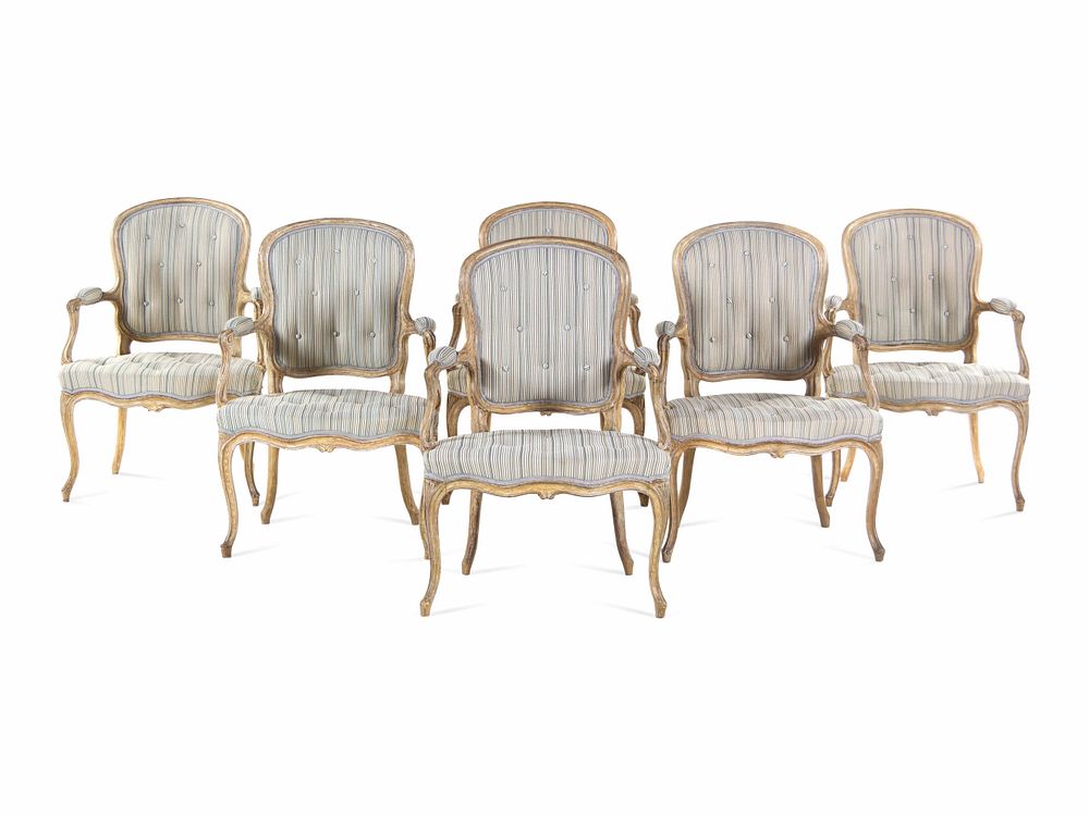 Appraisal: A Set of Six Louis XV Carved and Painted Fauteuils