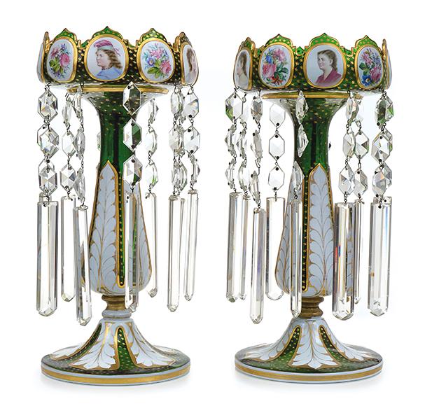 Appraisal: A PAIR OF BOHEMIAN OVERLAID GREEN GLASS LUSTRE VASES TH