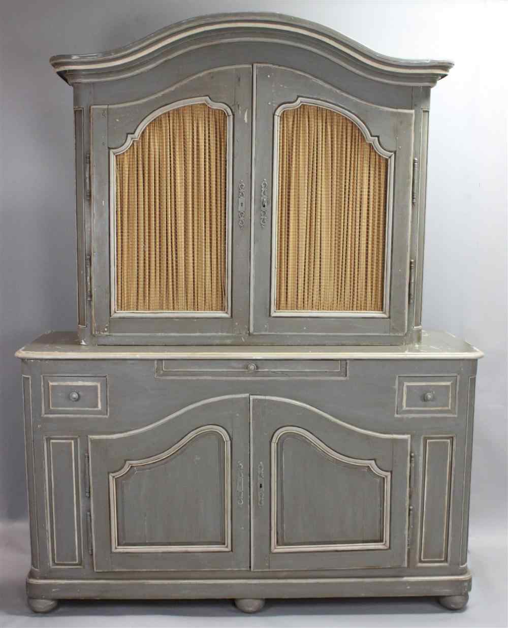 Appraisal: LARGE FRENCH PROVINCIAL STYLE GREEN PAINTED STEP BACK CUPBOARD having