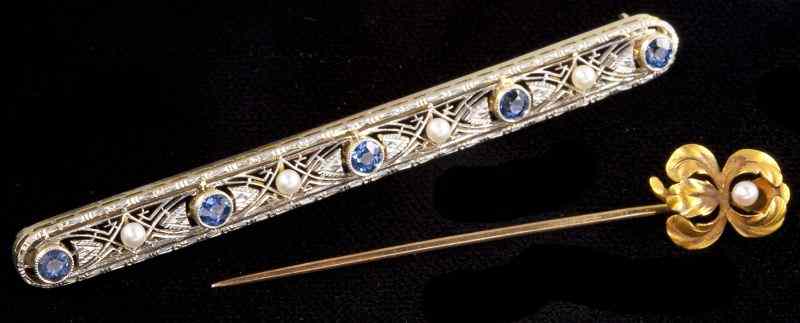 Appraisal: Two Vintage Gold Sapphire and Pearl Pins Krementzthe first an