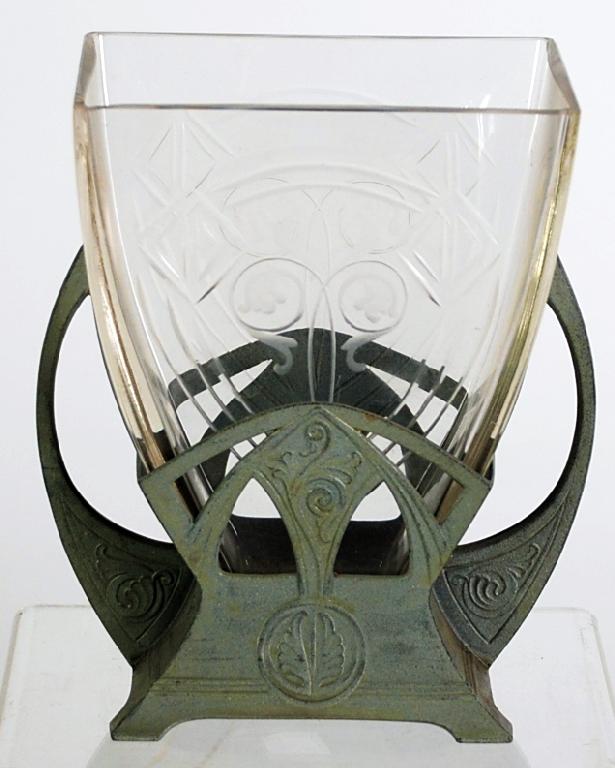 Appraisal: ART NOUVEAU STYLE PIERCED METAL AND ENGRAVED GLASS TWO HANDLED