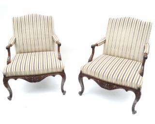 Appraisal: Pair of Upholstered Carved Armchairs Pair of upholstered carved open