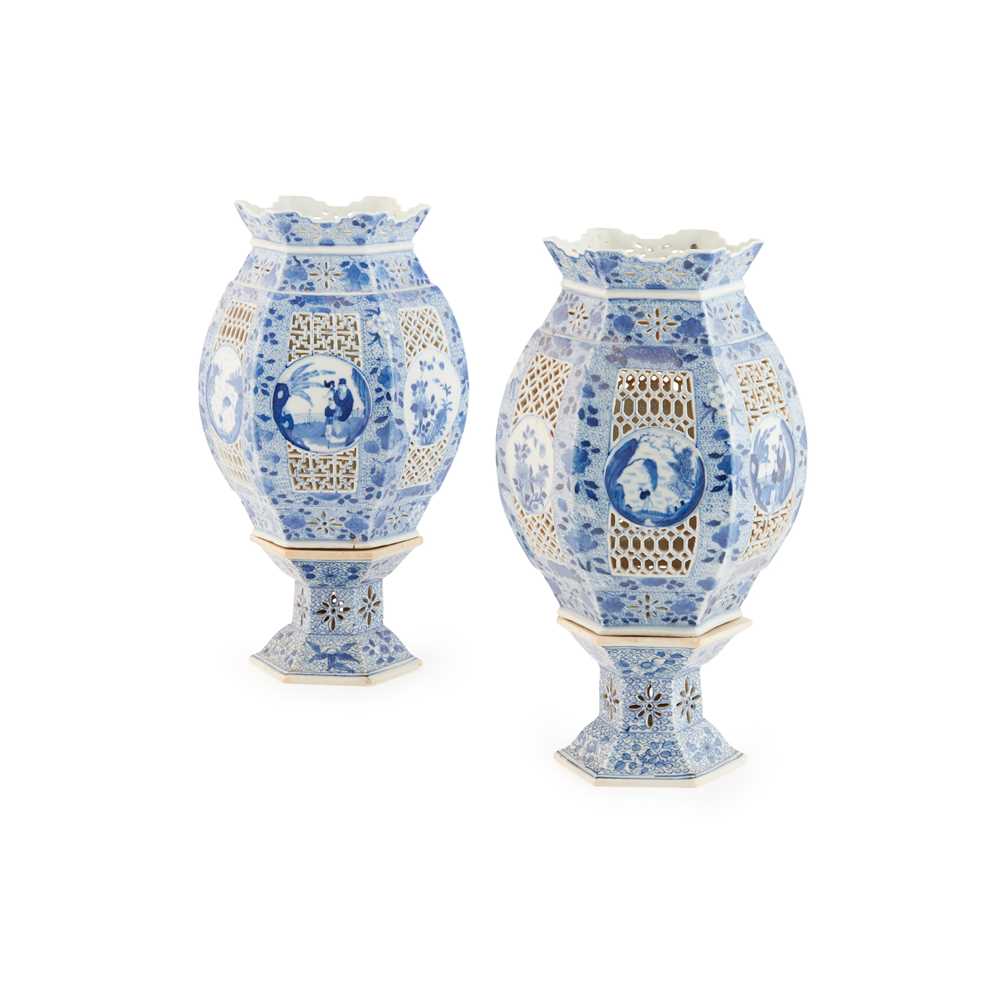 Appraisal: PAIR OF BLUE AND WHITE RETICULATED LANTERNS each composed in