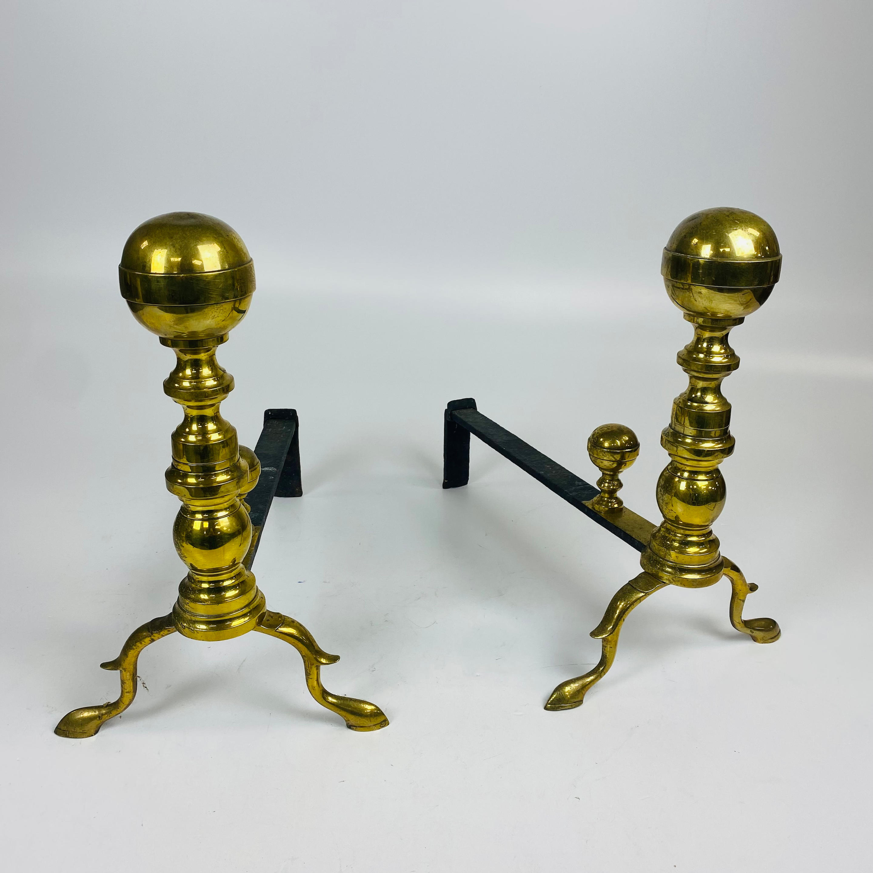 Appraisal: PAIR OF FEDERAL BRASS BALL-TOP ANDIRONS ht wd dp in