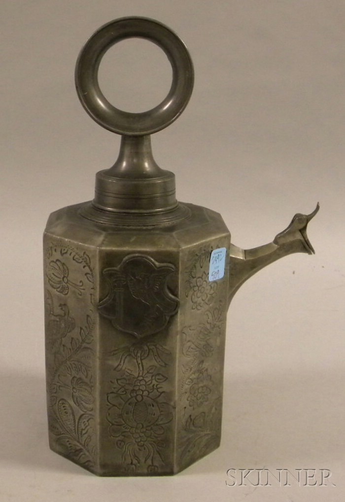 Appraisal: th Century German Austrian Decorated Pewter Wine Jug with Loop