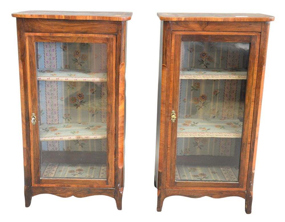 Appraisal: Pair of Continental Diminutive Walnut Curio Cabinets having cloth lined