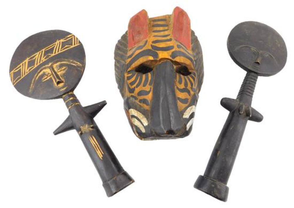 Appraisal: TRIBAL Two Ashanti style fertility dolls and an animal mask