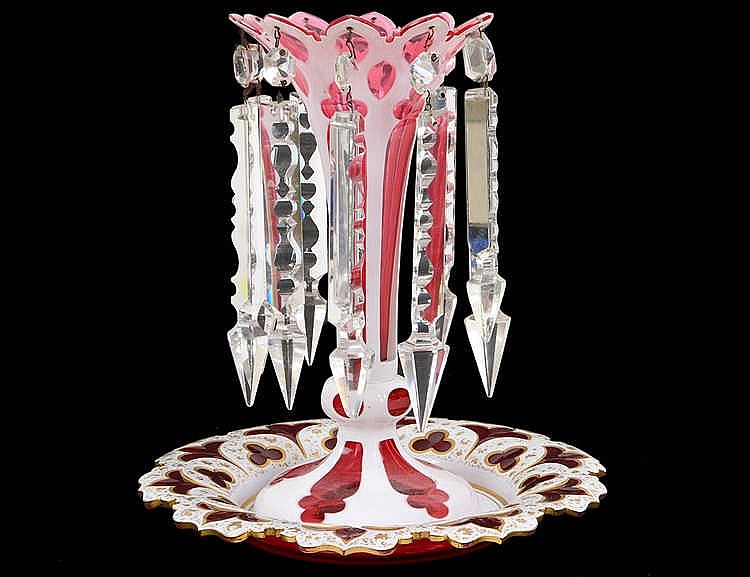 Appraisal: BOHEMIAN WHITE CUT TO RED GLASS VASE UNDERPLATECirca The trumpet