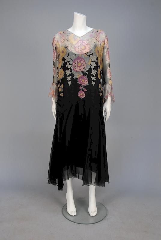 Appraisal: PRINTED CHIFFON DAY DRESS s Black silk with pastel floral