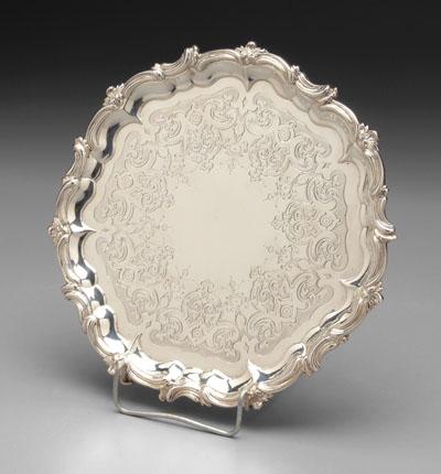 Appraisal: English silver tray scroll feet foliate and acorn border engraved