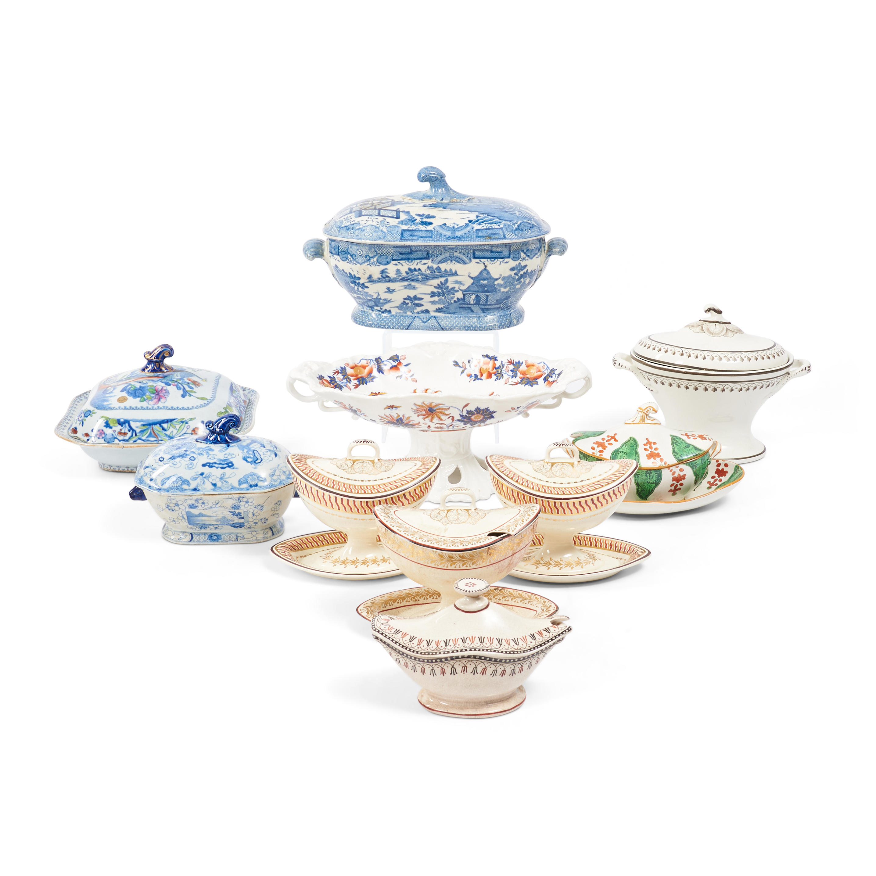 Appraisal: TEN ENGLISH CERAMIC TABLEWARES including a blue willow tureen covered