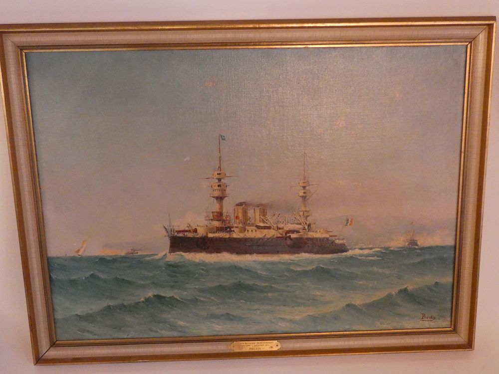 Appraisal: FRENCH BATTLESHIP PAINTING Oil on canvas of the French battleship