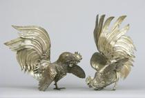 Appraisal: Pair of Silver Fighting Cocks Fabulous pair of fierce fighting