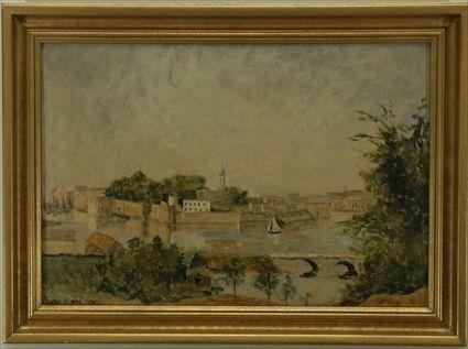 Appraisal: French School Town with River Oil on canvas signed Pierre