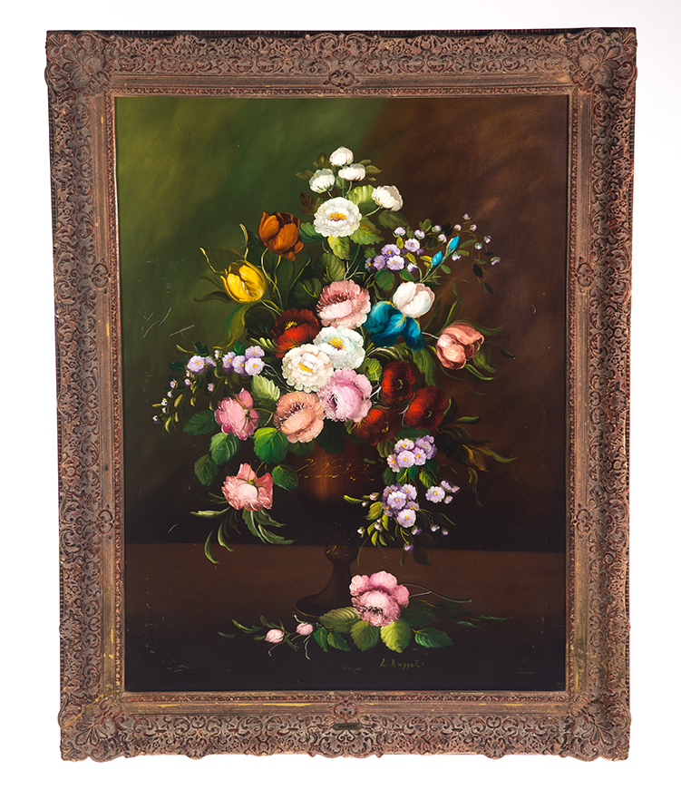 Appraisal: LARGE FRAMED OIL ON CANVAS STILL LIFE SIGNED RUGGERI European