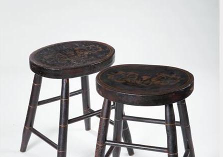 Appraisal: TWO AMERICAN WINDSOR STOOLS BLACK AND GILT-PAINTED WITH STENCIL-DECORATED TOPS