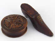 Appraisal: A th century mahogany shoe snuffbox with brass laces length