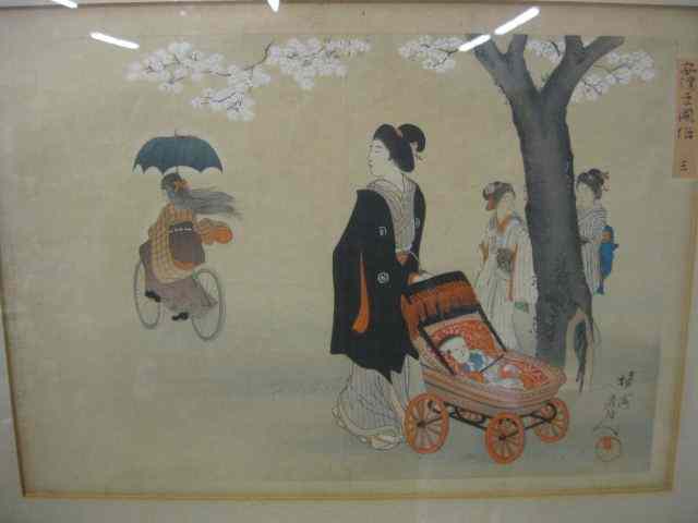 Appraisal: Japanese Woodblock Print family in park girl riding a scene