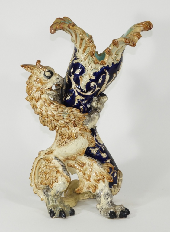 Appraisal: C ENGLISH MAJOLICA FIGURAL GRIFFIN BEAST VASE England Late th-Early