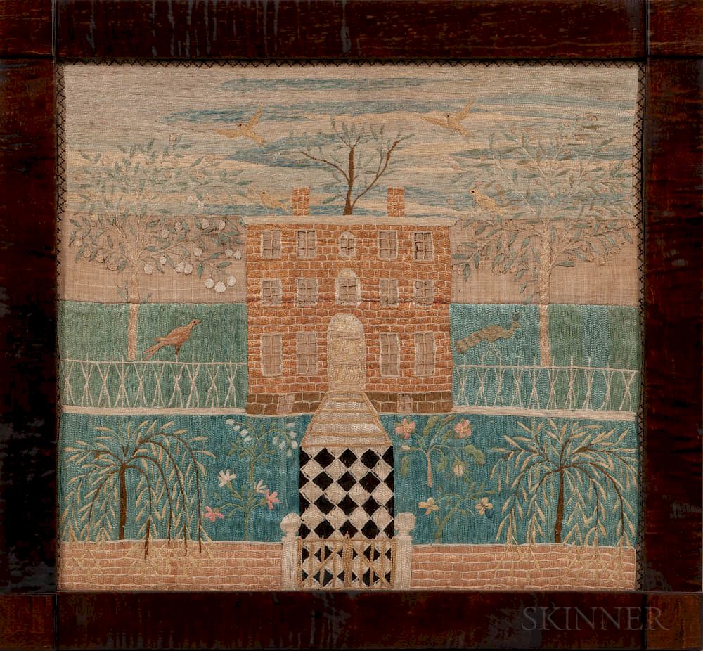 Appraisal: Silk Needlework Picture of a House in North Andover Massachusetts