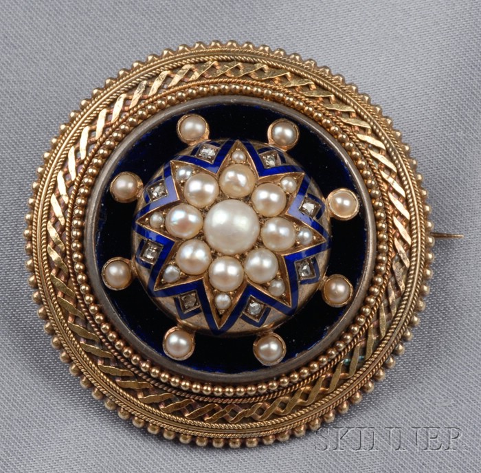 Appraisal: Antique kt Gold Enamel and Seed Pearl Brooch the domed