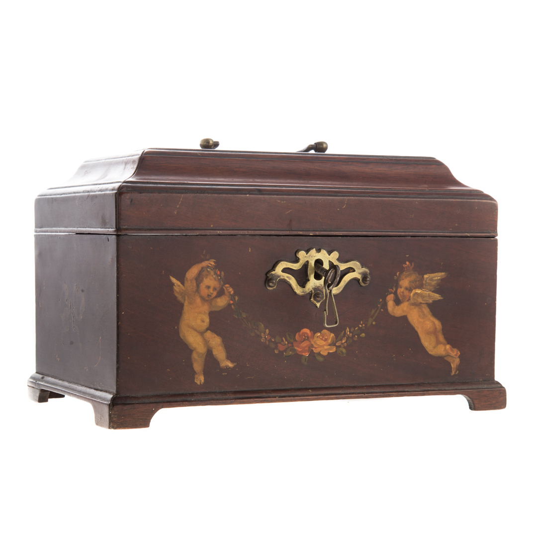 Appraisal: George III painted mahogany tea caddy circa lid and sides