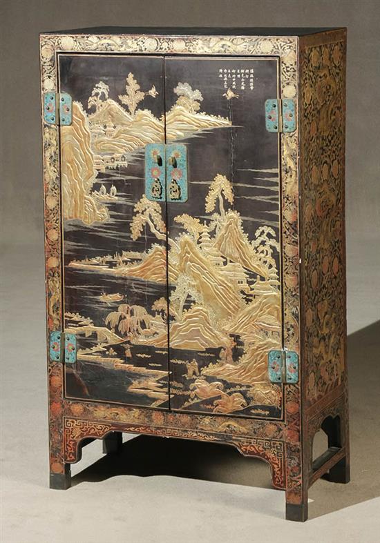 Appraisal: Chinese Cloisonn Enamel Mounted Gold and Dark Brown Lacquer Side