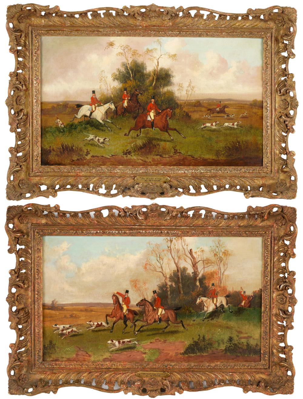 Appraisal: ADA STONE - TWO HUNT SCENESeach oil on canvas each