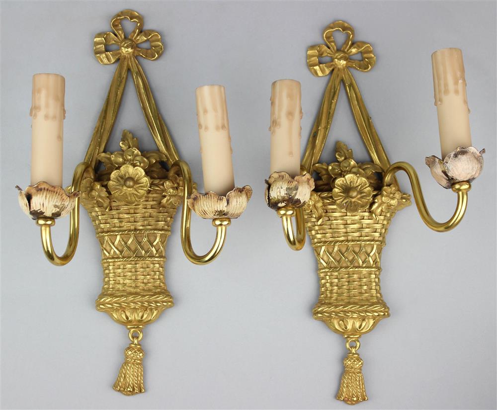 Appraisal: PAIR OF GILT BRONZE AND TOLE PEINTE FLORAL BASKET-FORM TWO