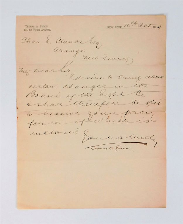 Appraisal: Thomas Edison Signed Electric Light Company Letter United States Letter