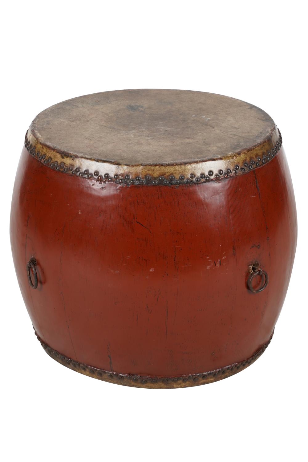 Appraisal: RED-PAINTED DOUBLE SIDED DRUMwood and hide with metal studs and