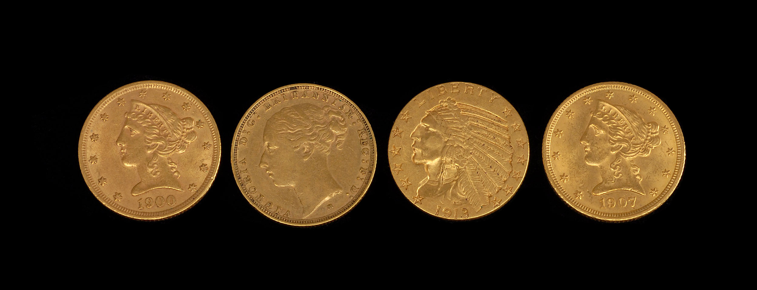 Appraisal: FOUR GOLD COINS Includes U S five dollar pieces from