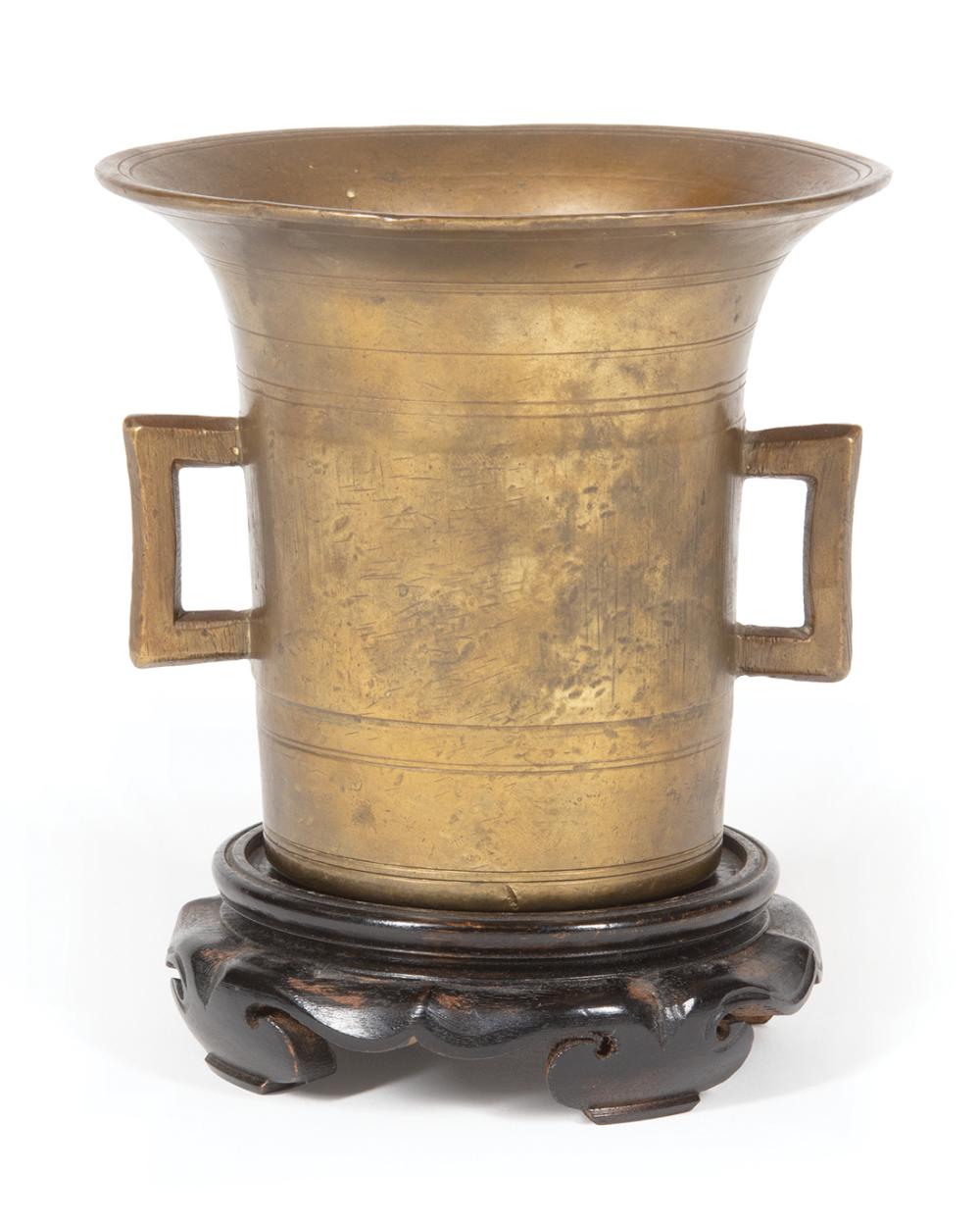 Appraisal: Antique Bronze Mortar cylindrical body and flared rim with concentric