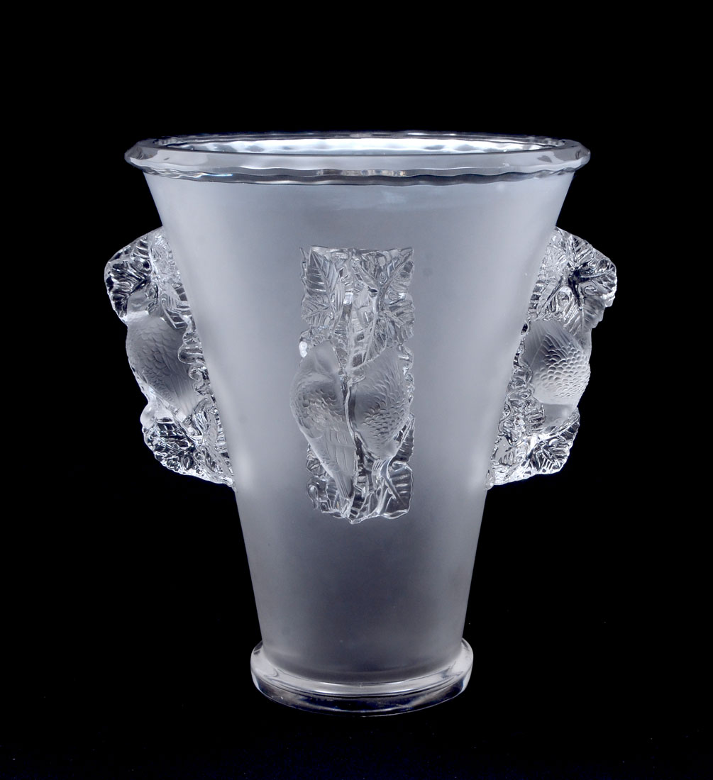 Appraisal: LALIQUE SAINT EMILION CRYSTAL VASE Tapered frosted body applied relief