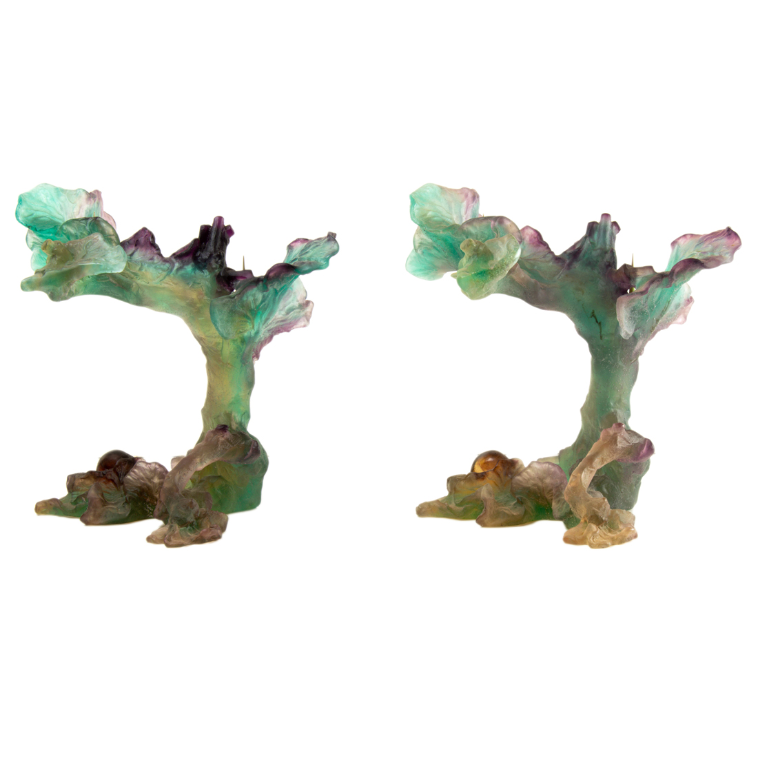 Appraisal: A PAIR OF DAUM PATE DE VERRE TWO-LIGHT CANDELABRA A