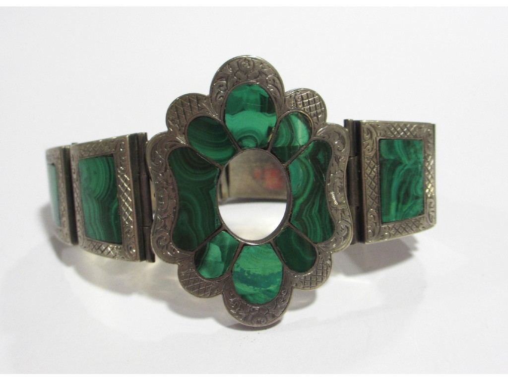 Appraisal: Victorian silver and malachite panel bracelet with central flower shaped