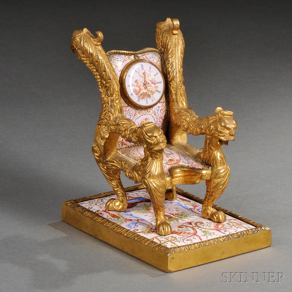 Appraisal: Viennese Gilt-bronze and Enamel Bergere-form Clock Austria late th century