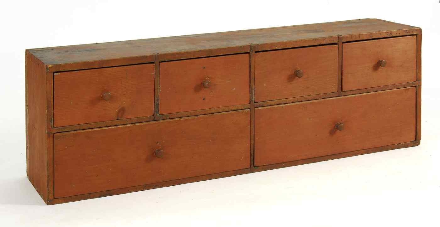 Appraisal: ANTIQUE AMERICAN TABLETOP SIX-DRAWER CHEST th CenturyIn old red paint