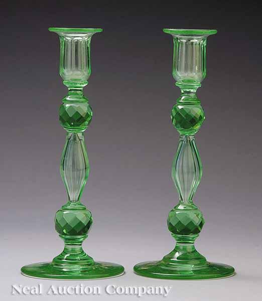 Appraisal: A Pair of Antique American Green Cut Glass Candlesticks standards