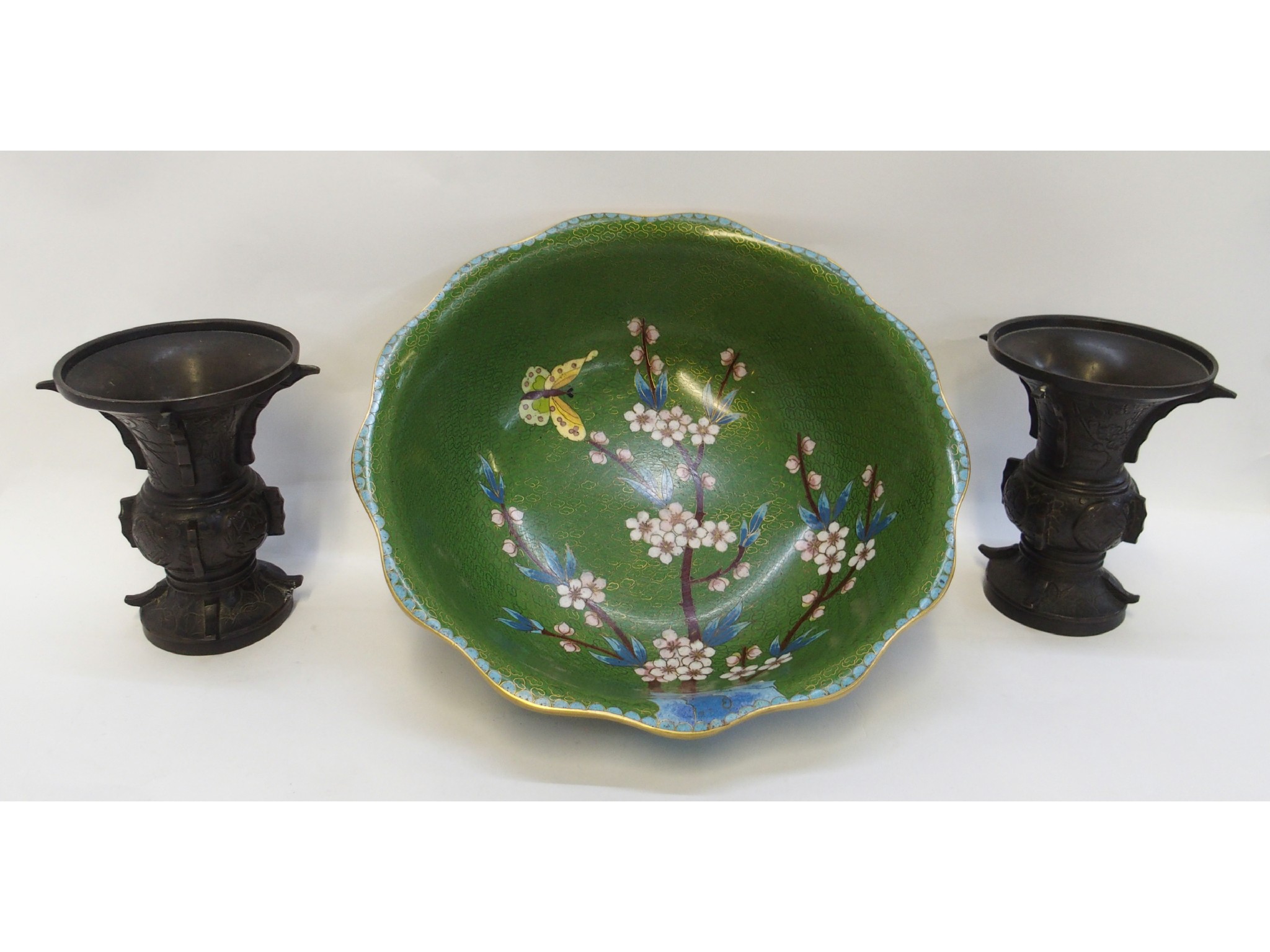 Appraisal: Chinese cloisonne bowl decorated with flowering branches and a pair