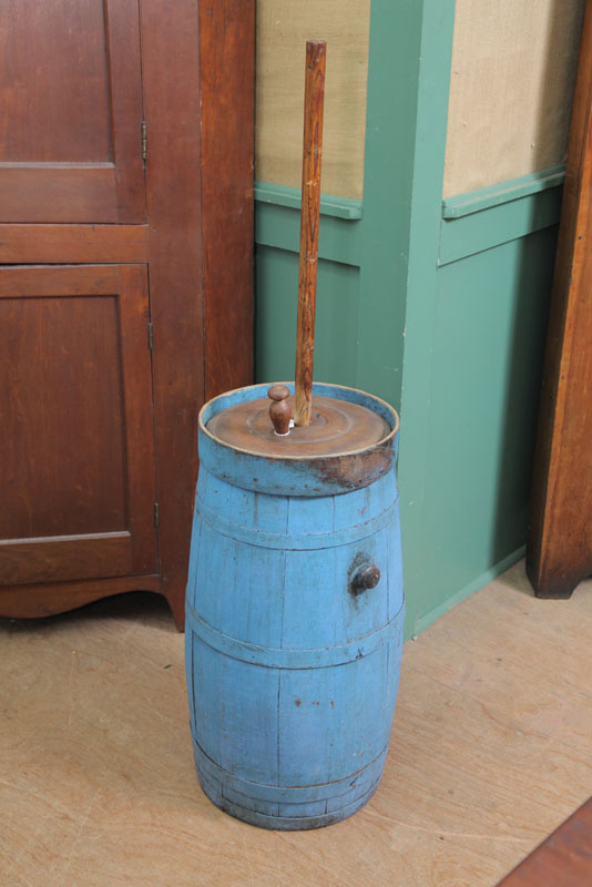 Appraisal: BUTTER CHURN Large churn stave constructed with blue paint ''