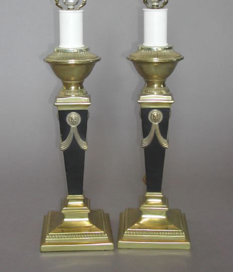 Appraisal: Tall Pair of Matte Black-Enameled Brass Table Lamps of tapered