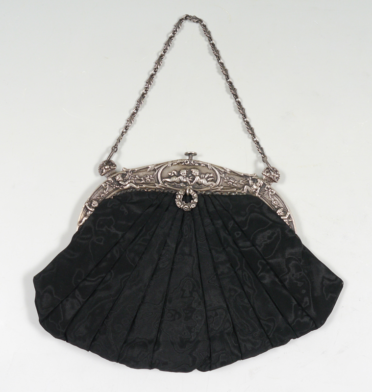 Appraisal: BLACK MOIRE' SILK POUCH WITH ''GORHAM'' STERLING FRAME Vintage pleated